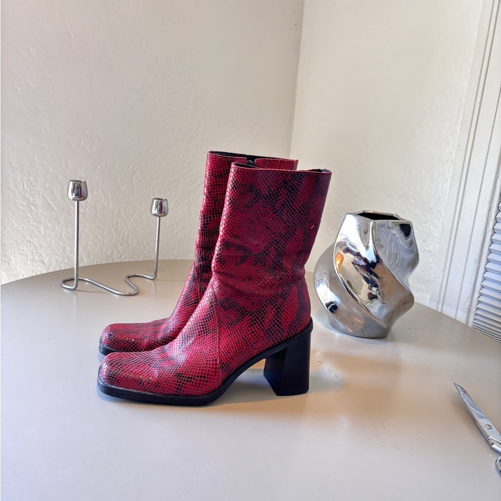 Y2K Red Square Toe Snakeskin Boots